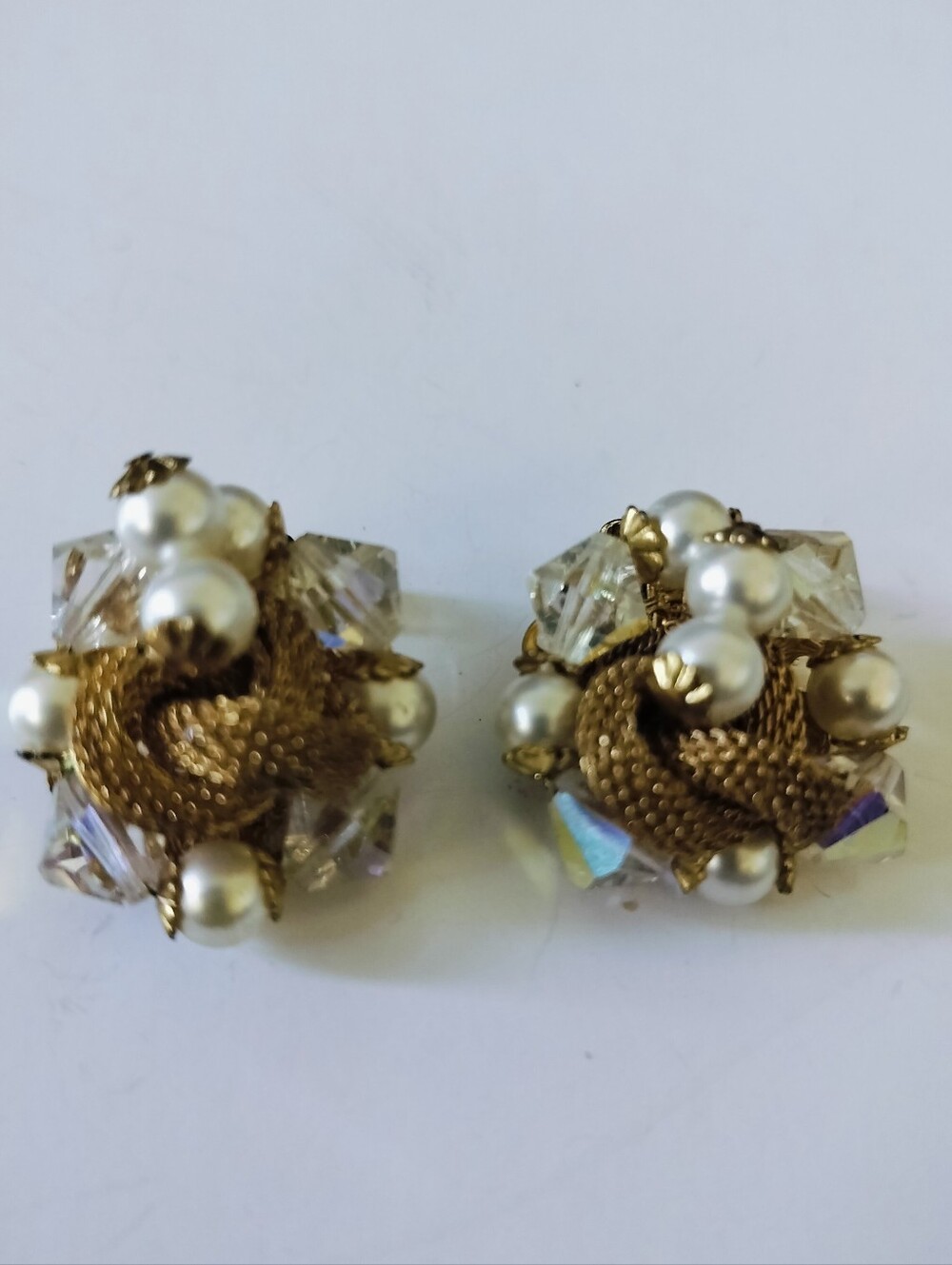 Vintage Mesh Ribbon, AB Crystal & Faux Pearl Cluster Clip-On Earrings